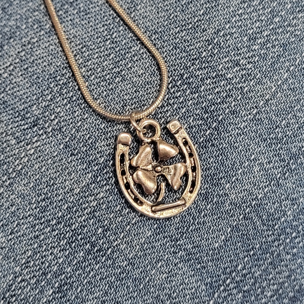 Lucky Horseshoe and Clover Silvertone Necklace